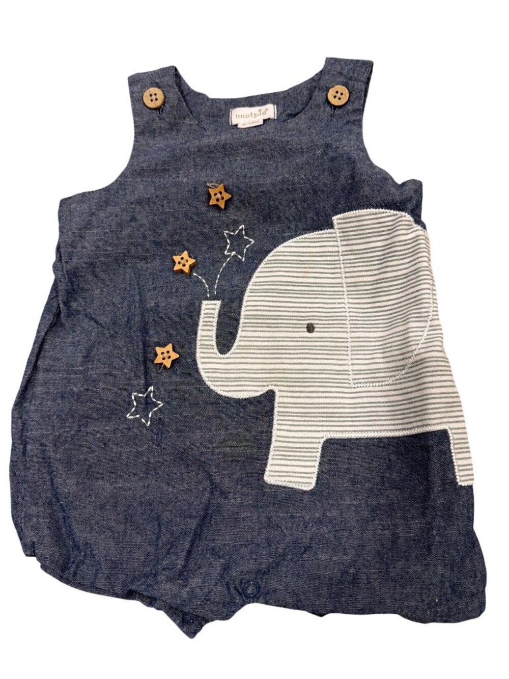 Mud Pie Baby Elephant Chambray Romper 9-12M With Button Details